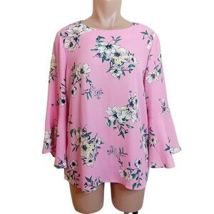 NWOT Women's Lily Morgan Bubblegum Pink Floral Blouse‎ Trumpet Sleeves Size M